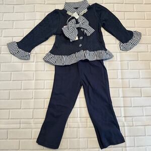 Girls Sz 140 US Size XS/S 2-Piece Blue Sweater Pant Set Bow Pearls